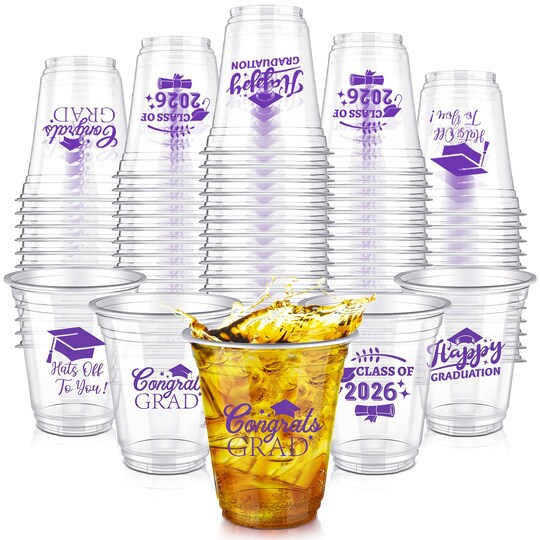 200 Pcs 12oz Graduation Cups 2026 Disposable Plastic Cups for Class of 2026 Graduation Party Congrats Grad Elegant Party Supplies Tableware Decorations (Purple)